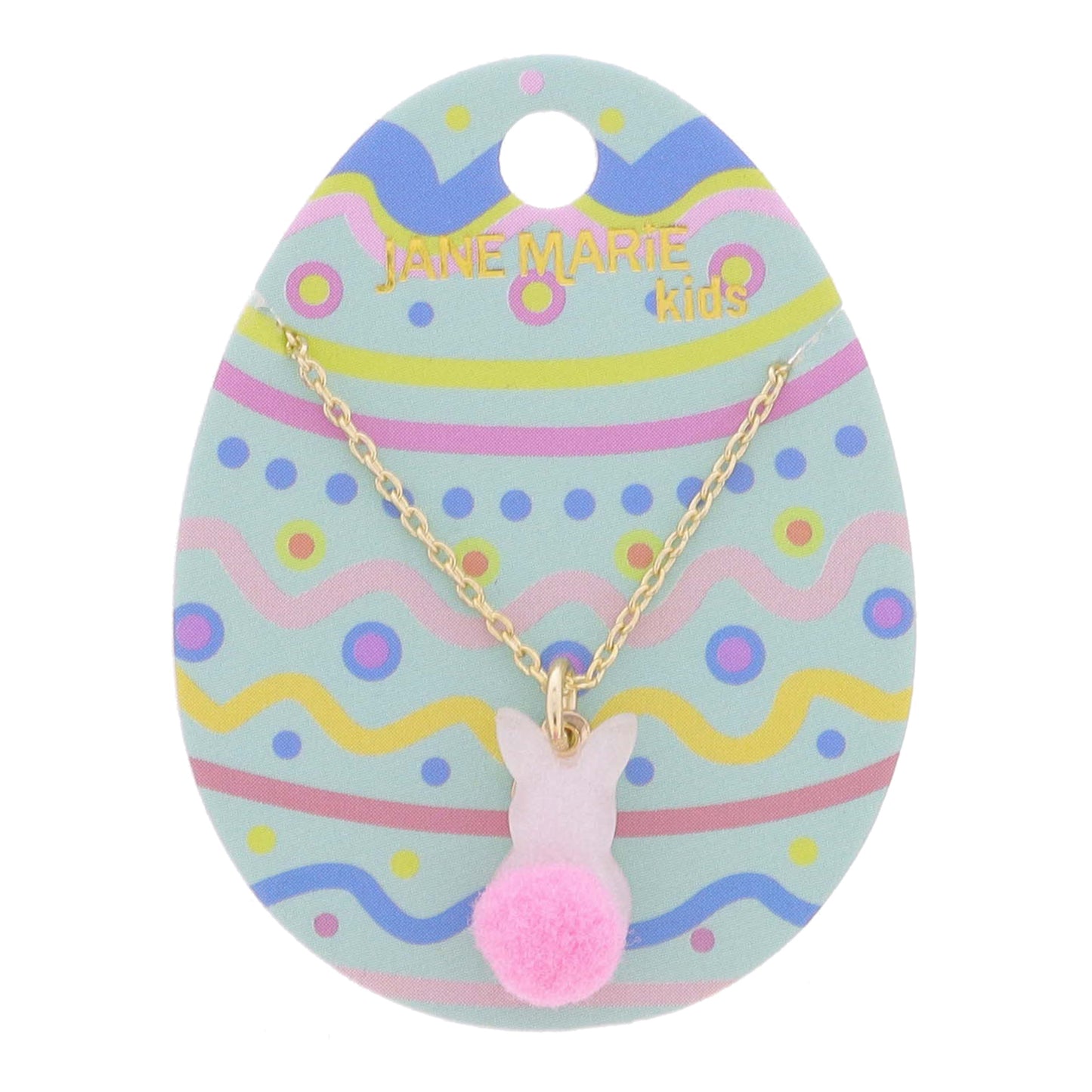 Kids 14" White Pearlescent Acrylic Bunny with Mini Pink Pom Tail Necklace, 3" Ext