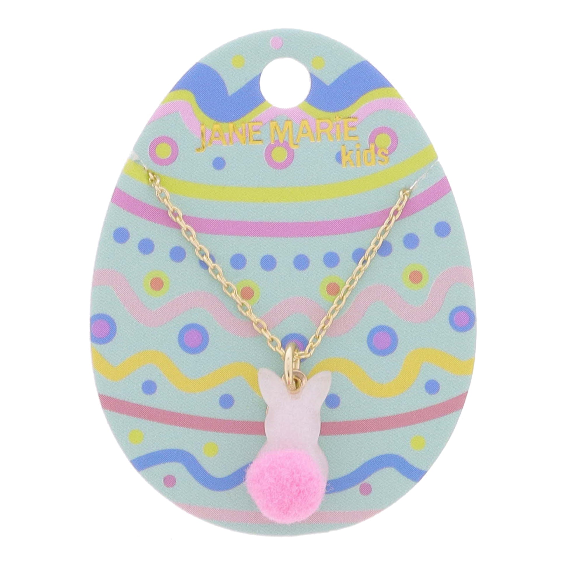 Kids 14" White Pearlescent Acrylic Bunny with Mini Pink Pom Tail Necklace, 3" Ext
