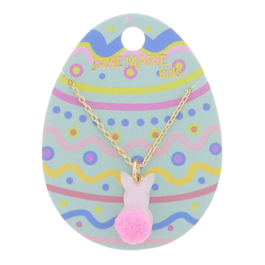 Kids 14" White Pearlescent Acrylic Bunny with Mini Pink Pom Tail Necklace, 3" Ext