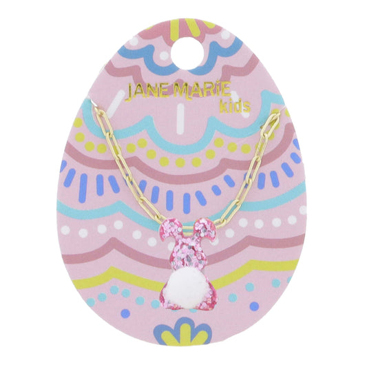 Kids 14" Pink Glitter Resin Bunny with Mini White Pom Tail Necklace, 3" Ext