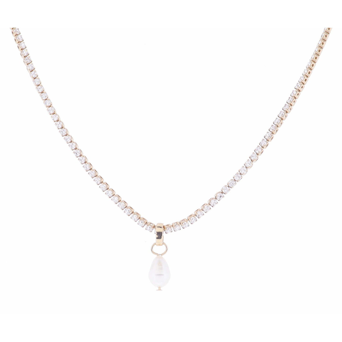 Clear Crystal Tennis and Drop Pearl Necklace, 2.5" Ext