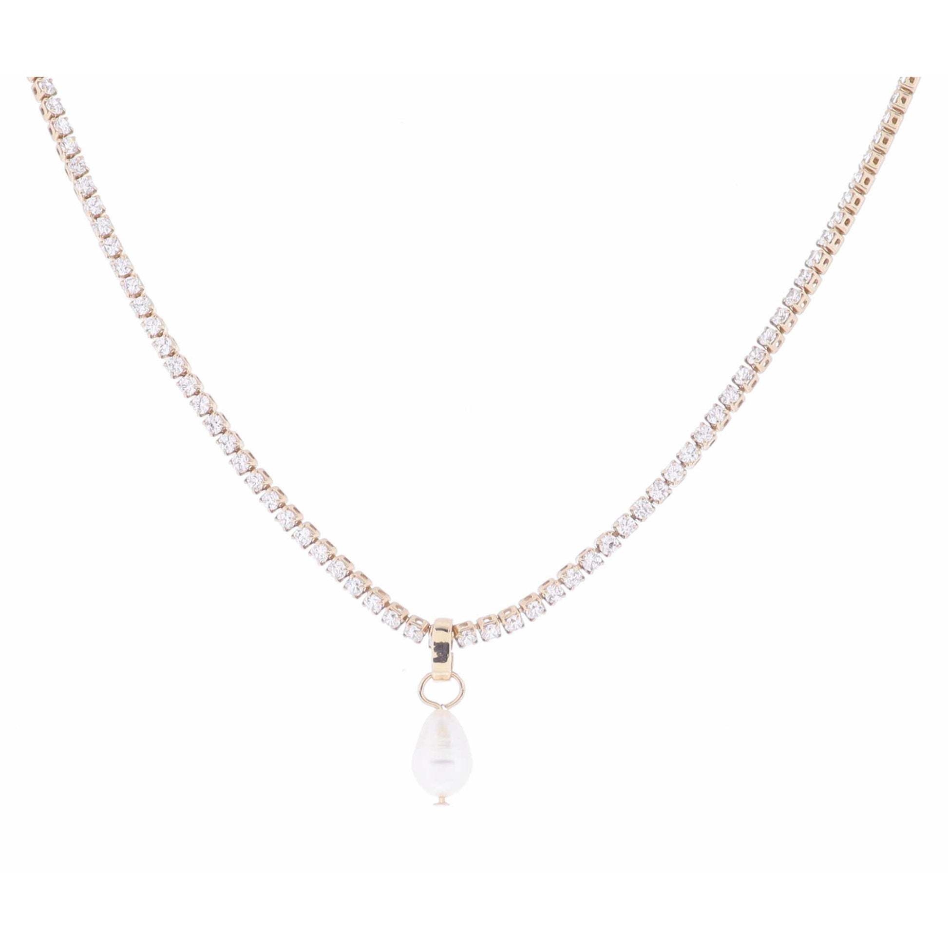 Clear Crystal Tennis and Drop Pearl Necklace, 2.5" Ext
