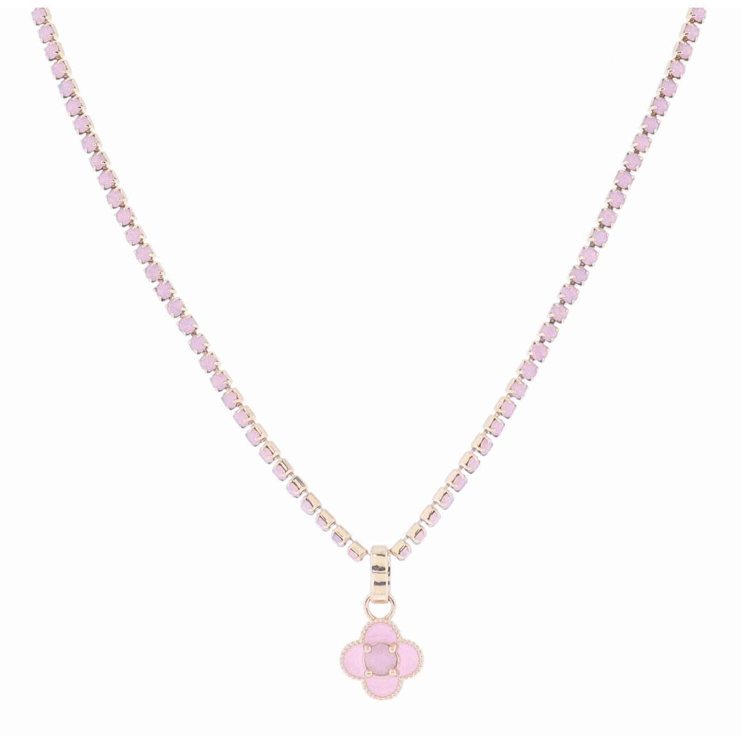 Light Pink Crystal Tennis and Pink Enamel Quatrefoil with Light Pink Crystal Necklace, 2.5" Ext