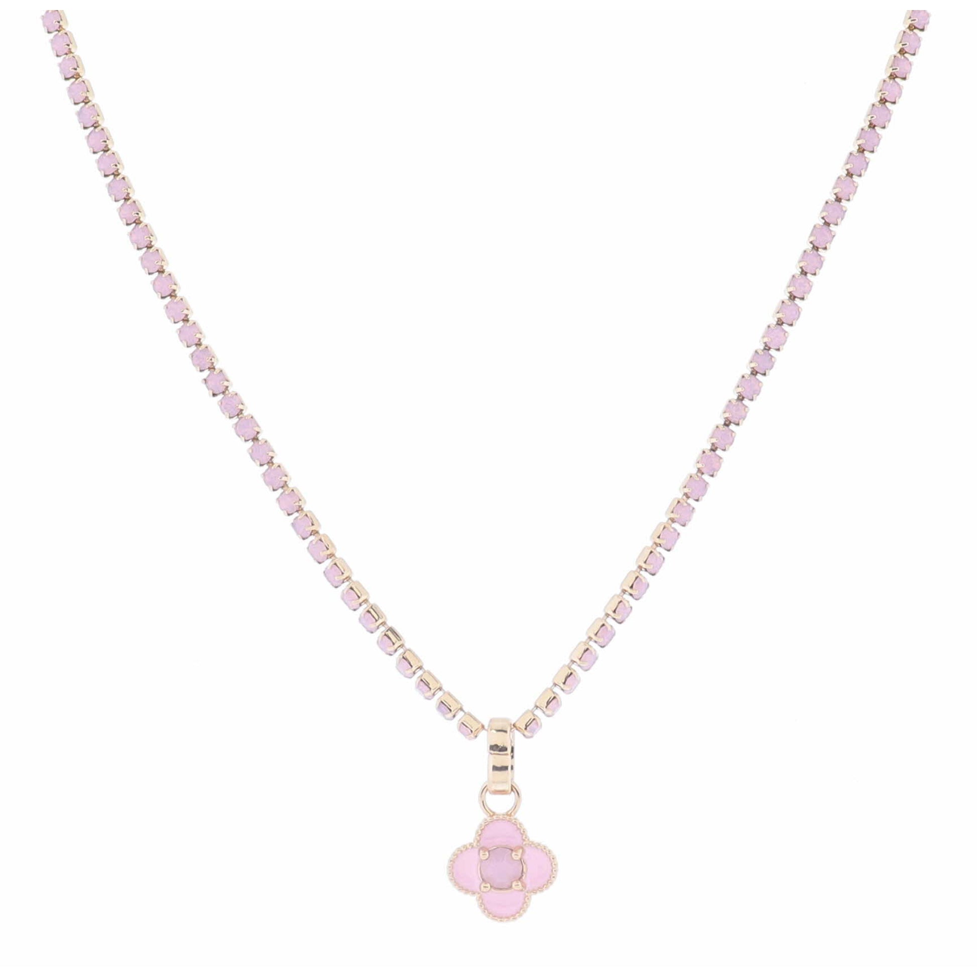 Light Pink Crystal Tennis and Pink Enamel Quatrefoil with Light Pink Crystal Necklace, 2.5" Ext