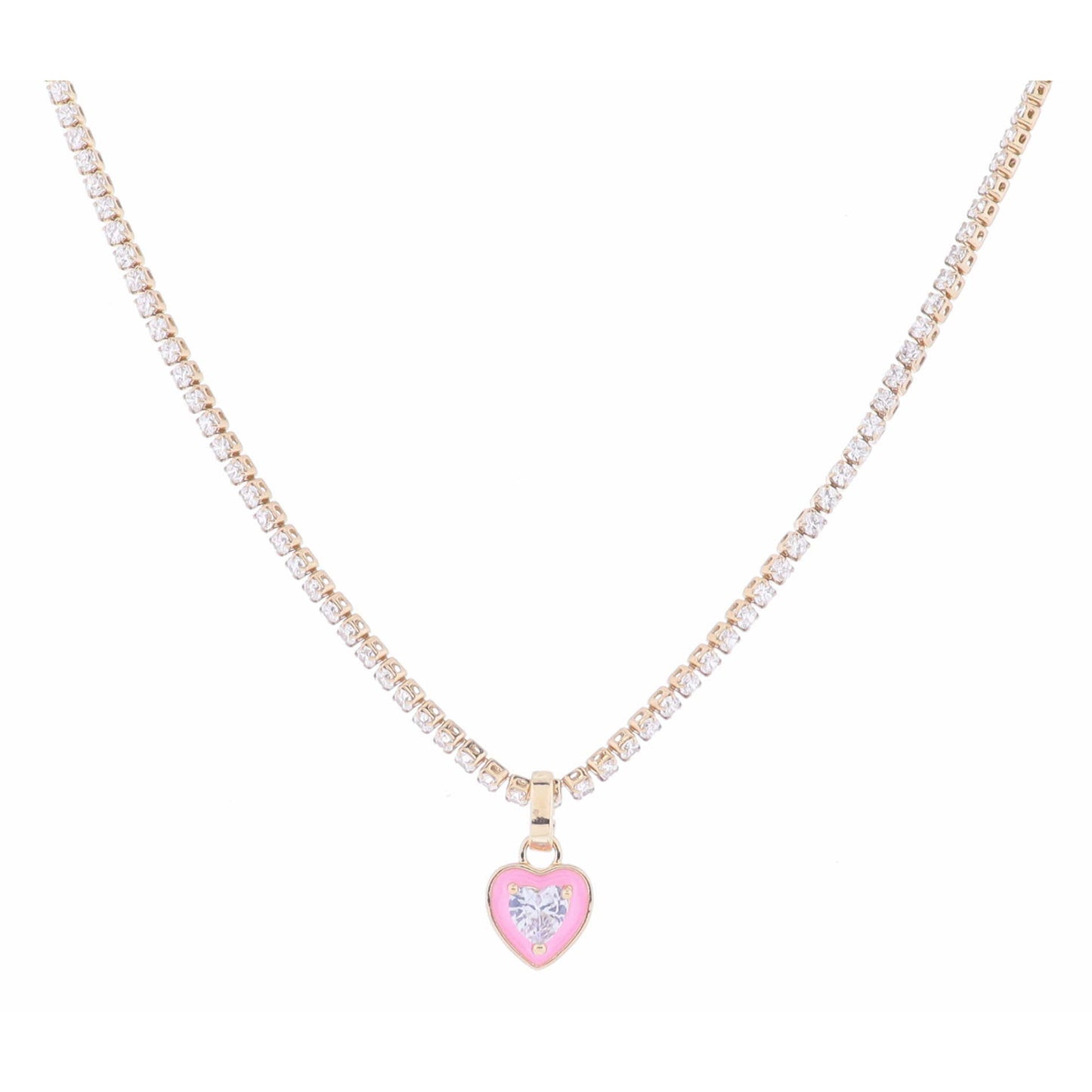 Clear Crystal Tennis and Pink Enamel Heart with Clear Crystal Heart Necklace, 2.5" Ext