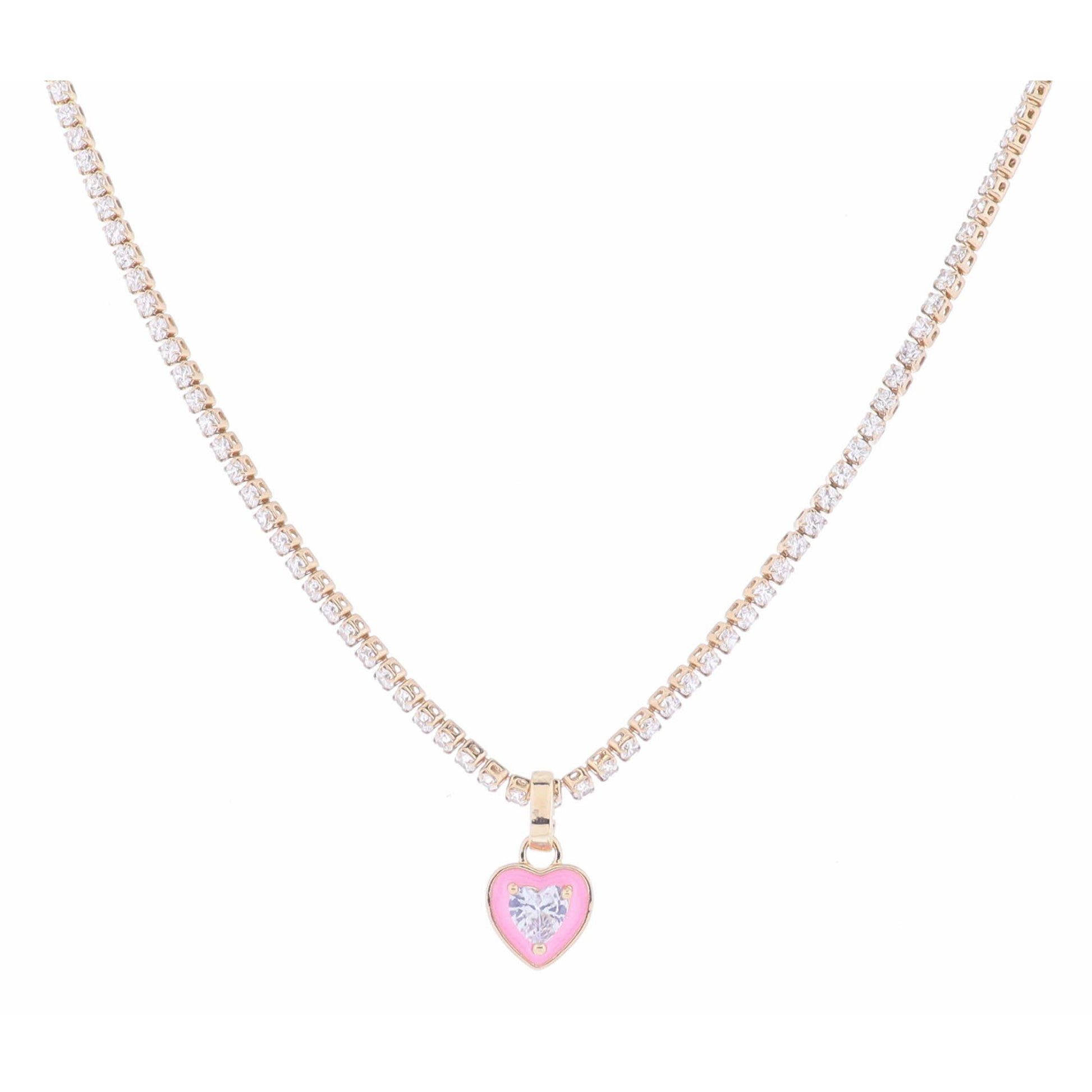 Clear Crystal Tennis and Pink Enamel Heart with Clear Crystal Heart Necklace, 2.5" Ext