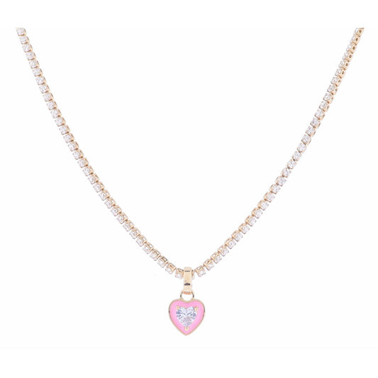 Clear Crystal Tennis and Pink Enamel Heart with Clear Crystal Heart Necklace, 2.5" Ext