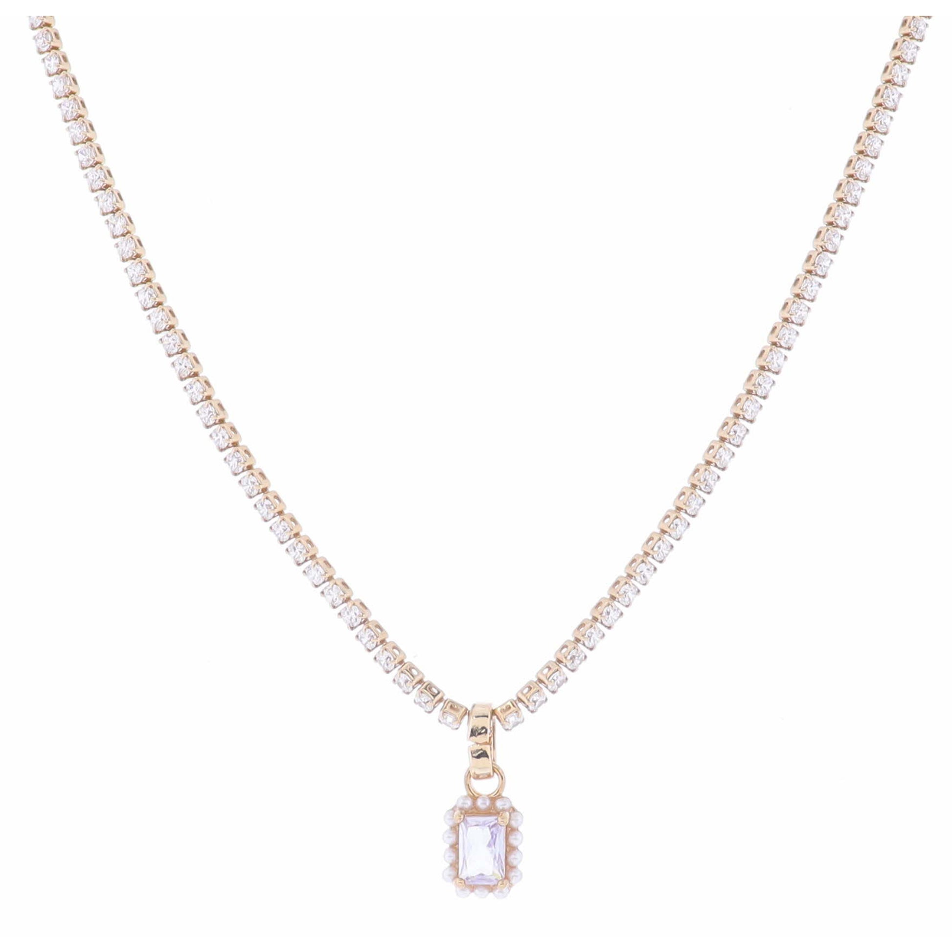 Clear Crystal Tennis and Clear Rectangle Crystal with Mini Pearl Edge Necklace, 2.5" Ext