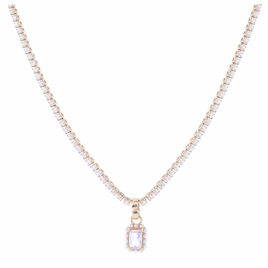Clear Crystal Tennis and Clear Rectangle Crystal with Mini Pearl Edge Necklace, 2.5" Ext