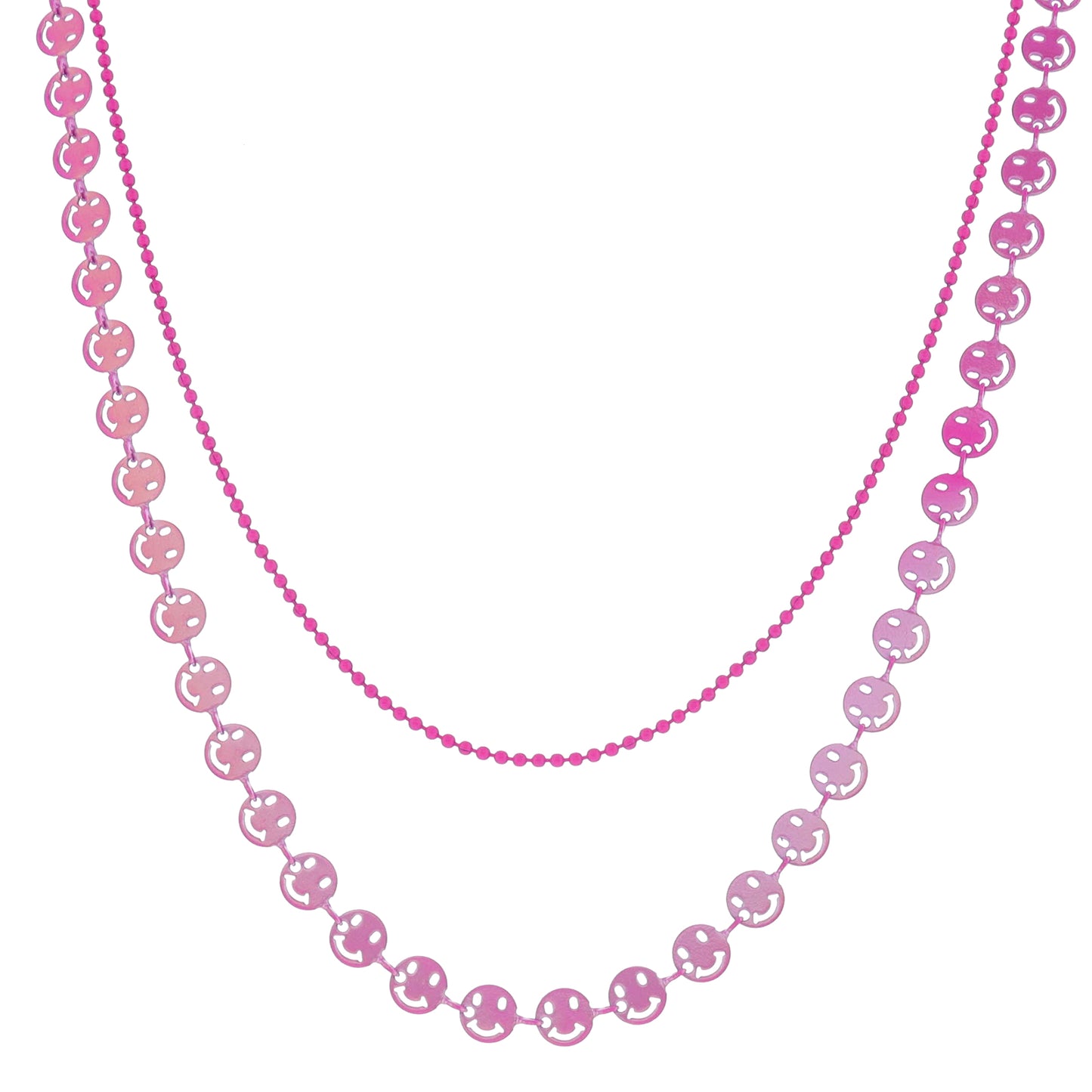 Kids 12", 14" 2 Strand Hot Pink Ball Chain, Iridescent Hot Pink Happy Face Chain Necklace, 3" Ext