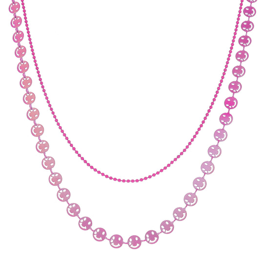 Kids 12", 14" 2 Strand Hot Pink Ball Chain, Iridescent Hot Pink Happy Face Chain Necklace, 3" Ext