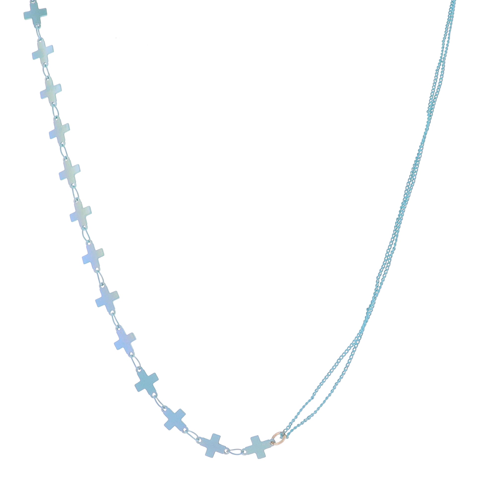 Kids 14" Half Iridescent Mint Cross Chain, Half Dainty Double Mint Curb Chain Necklace, 3" Ext