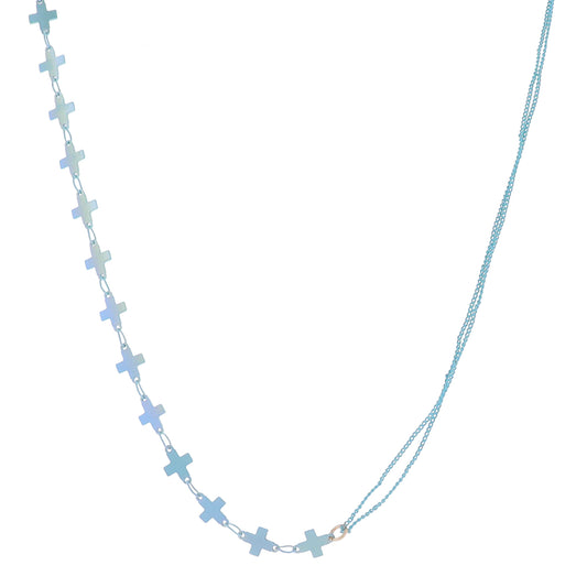 Kids 14" Half Iridescent Mint Cross Chain, Half Dainty Double Mint Curb Chain Necklace, 3" Ext