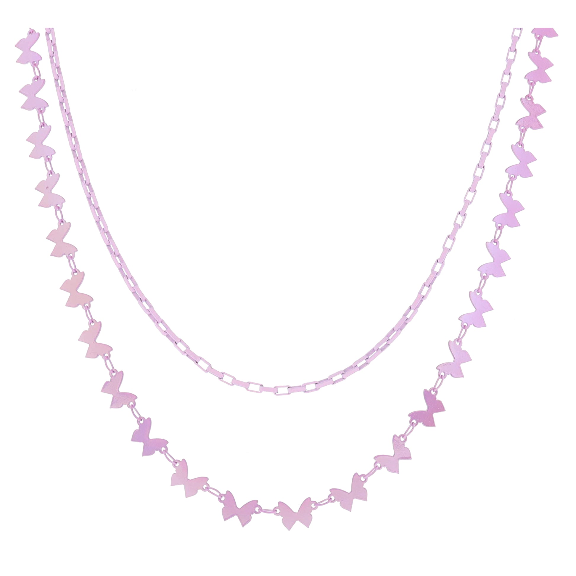 Kids 12", 14" 2 Strand Pink Box Chain, Iridescent Pink Butterfly Chain Necklace, 3" Ext