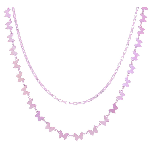 Kids 12", 14" 2 Strand Pink Box Chain, Iridescent Pink Butterfly Chain Necklace, 3" Ext