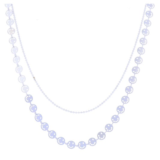 Kids 12", 14" 2 Strand White Ball Chain, Iridescent White Happy Face Chain Necklace, 3" Ext
