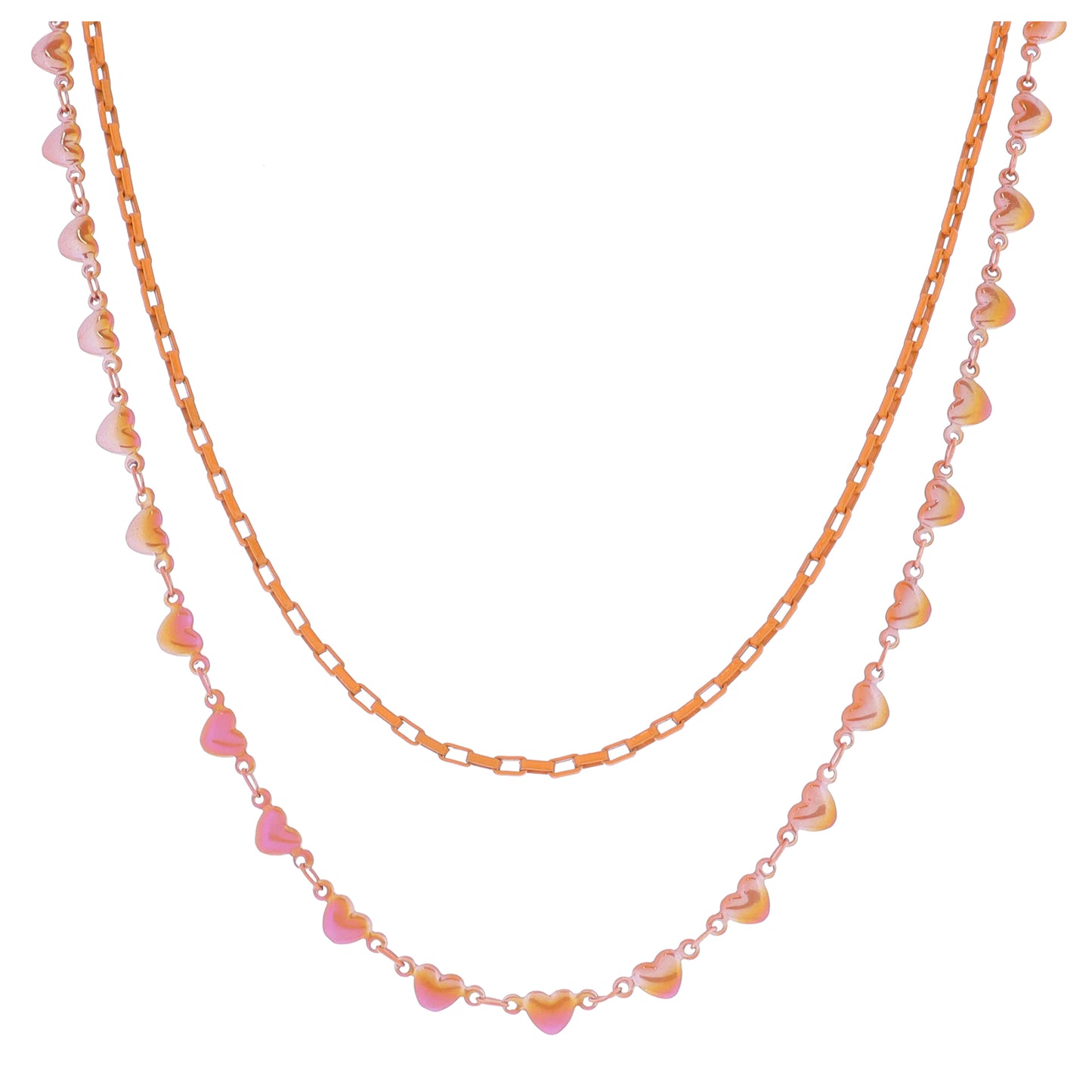 Kids 12", 14" 2 Strand Orange Rectangle Box Chain, Iridescent Orange Heart Chain Necklace, 3" Ext