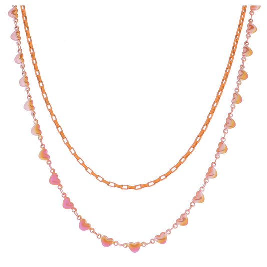 Kids 12", 14" 2 Strand Orange Rectangle Box Chain, Iridescent Orange Heart Chain Necklace, 3" Ext