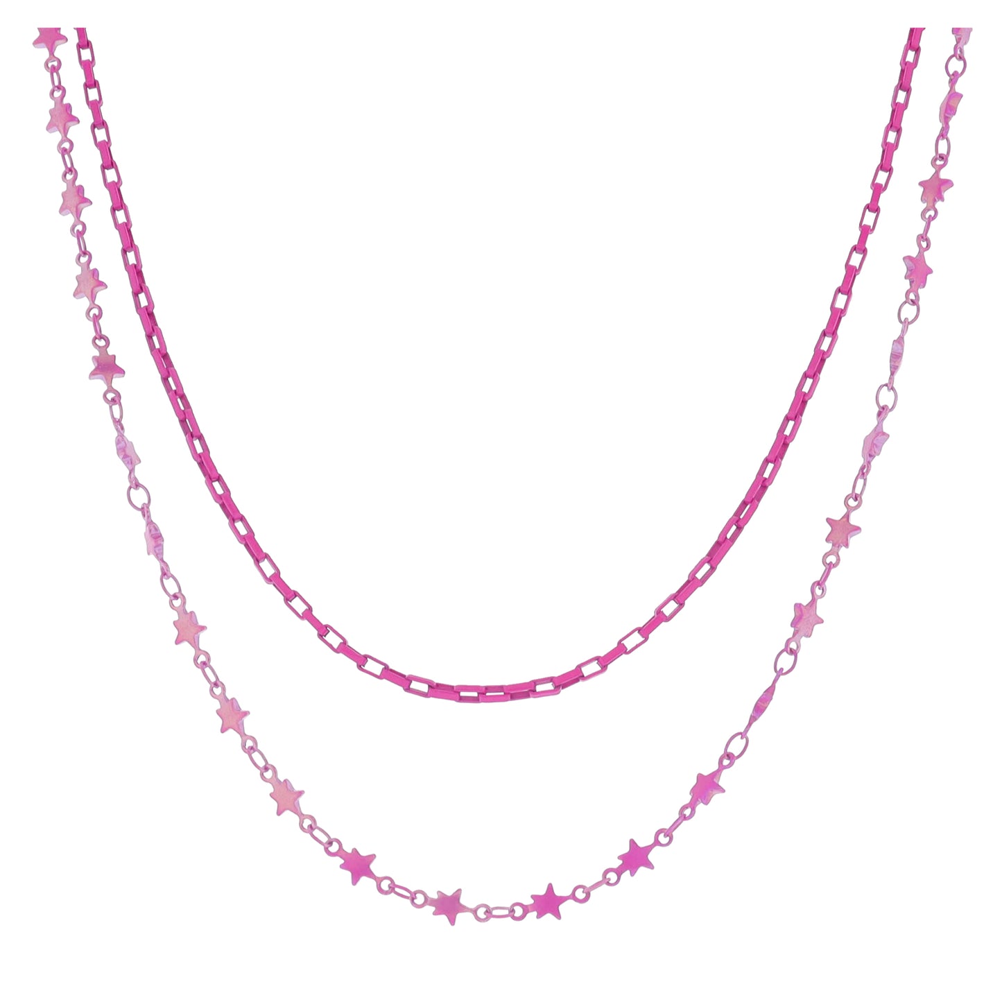Kids 12", 14" 2 Strand Pink Rectangle Box Chain, Iridescent Pink Star Chain Necklace, 3" Ext