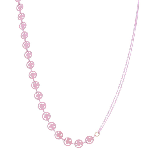 Kids 14" Half Iridescent Pink Happy Face Chain, Half Double Pink Curb Chain Necklace, 3" Ext