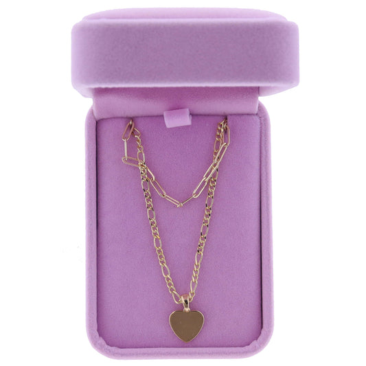 16" 2 Strand Gold Paperclip Chain and Gold Figaro Chain with Gold Heart Necklace, 3" Ext