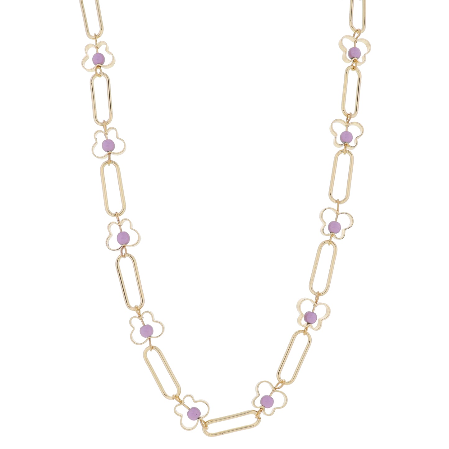 Kids 14" Gold Paperclip Links with Gold Butterflies and Lavender Center Beads Necklace, 3" Ext