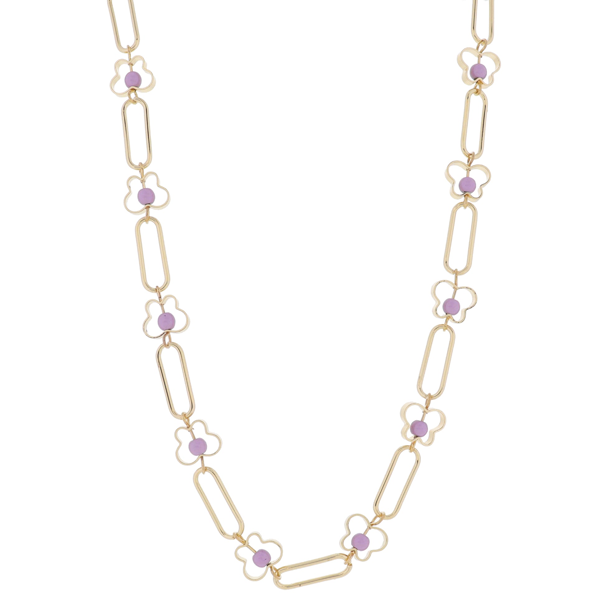 Kids 14" Gold Paperclip Links with Gold Butterflies and Lavender Center Beads Necklace, 3" Ext