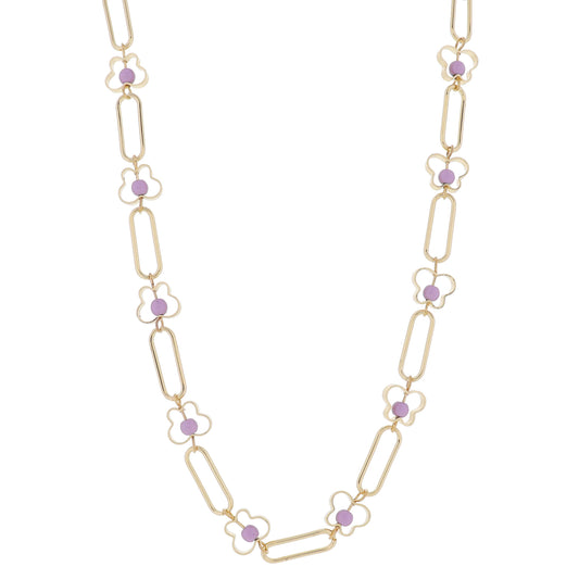 Kids 14" Gold Paperclip Links with Gold Butterflies and Lavender Center Beads Necklace, 3" Ext