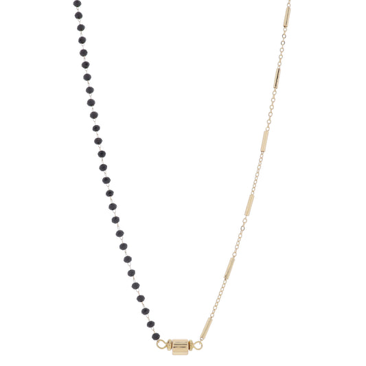 16" Half Gold Satellite Bar Chain, Half Jet Faceted Beaded Link Chain with Rondel Necklace, 3" Ext