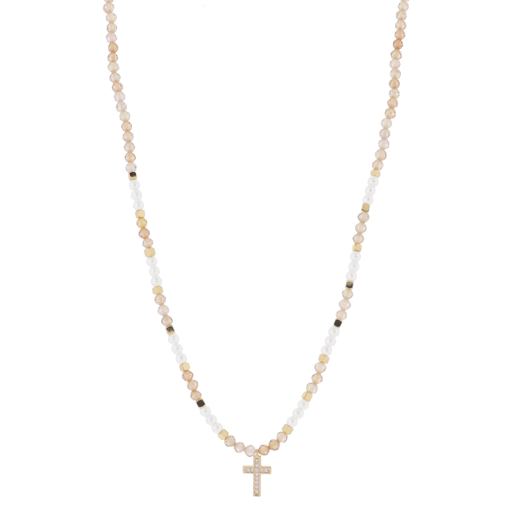 16" Champagne Faceted Sone Beaded with Pearls & Gold Beads with Crystal Cross Necklace, 3" Ext