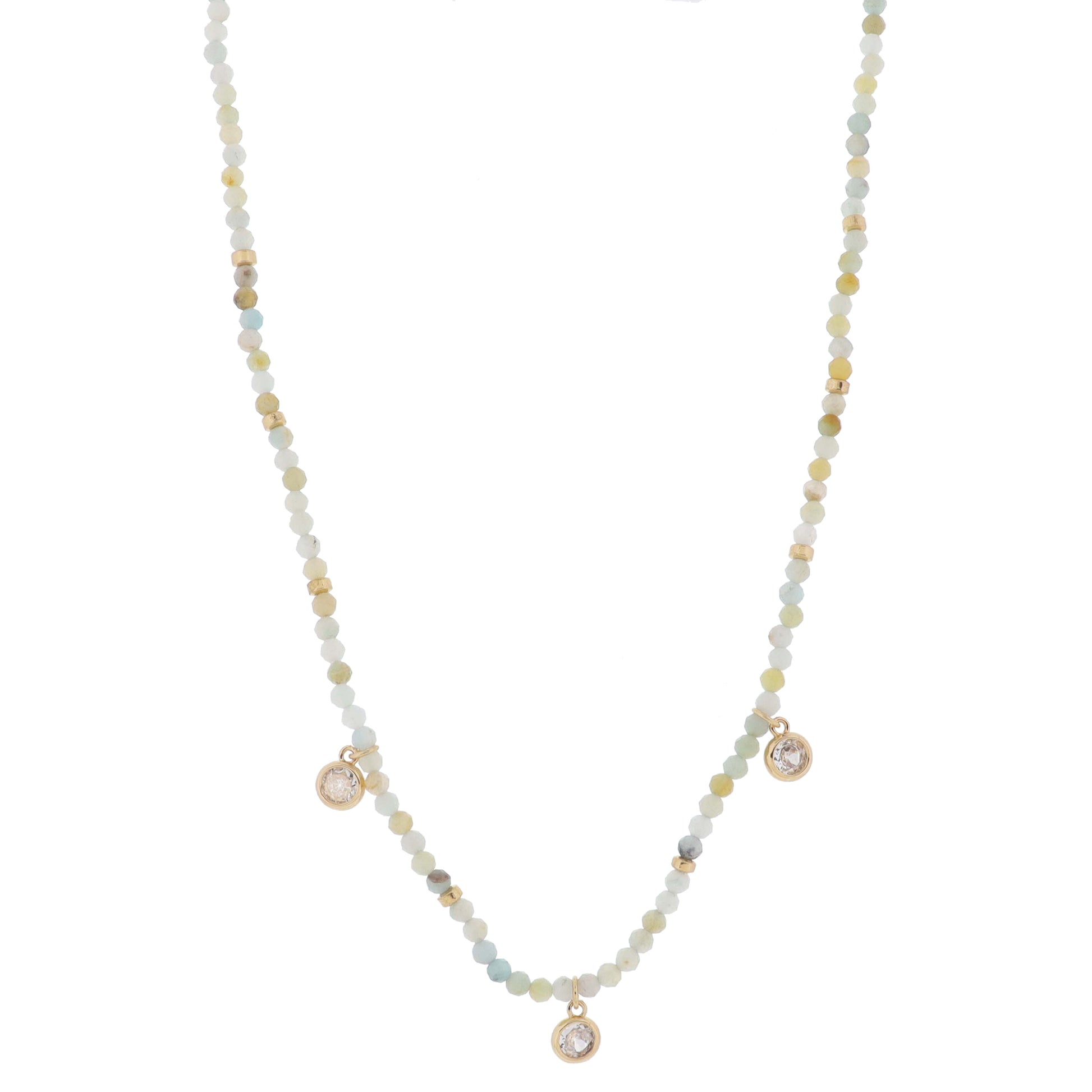 16" Amazonite Mini Faceted Stone Beaded with Gold Beads & Crystal Stations Necklace, 3" Ext