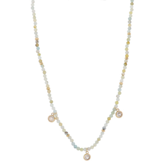 16" Amazonite Mini Faceted Stone Beaded with Gold Beads & Crystal Stations Necklace, 3" Ext