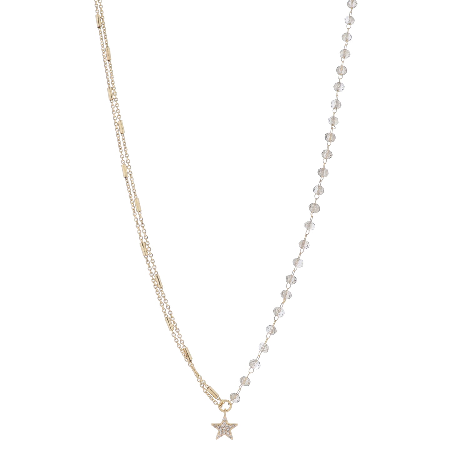 16" Half Double Gold Satellite Bar Chains, Half Smokey Beaded Link Chain & Star Necklace, 3" Ext