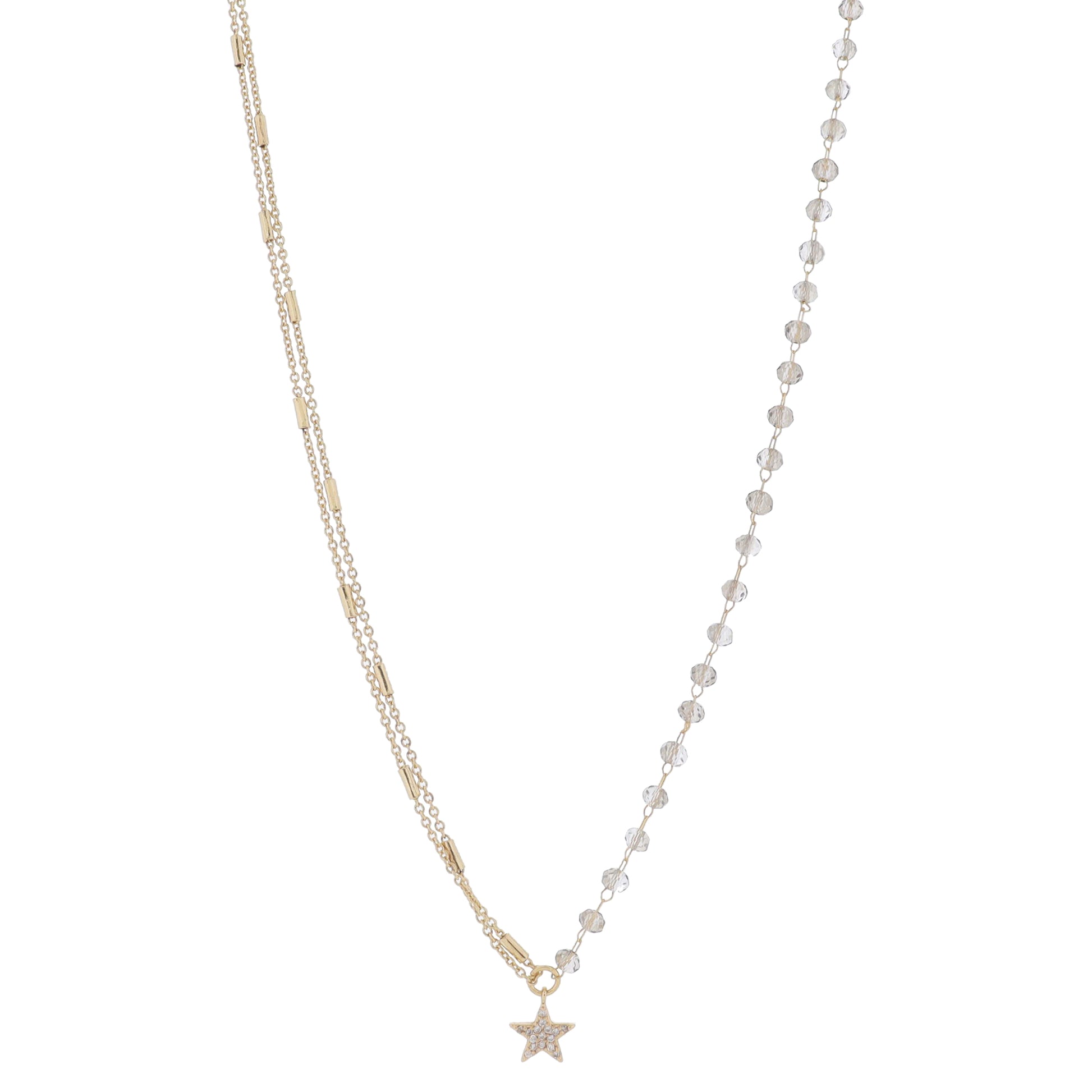 16" Half Double Gold Satellite Bar Chains, Half Smokey Beaded Link Chain & Star Necklace, 3" Ext