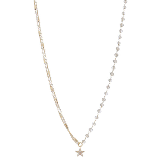 16" Half Double Gold Satellite Bar Chains, Half Smokey Beaded Link Chain & Star Necklace, 3" Ext