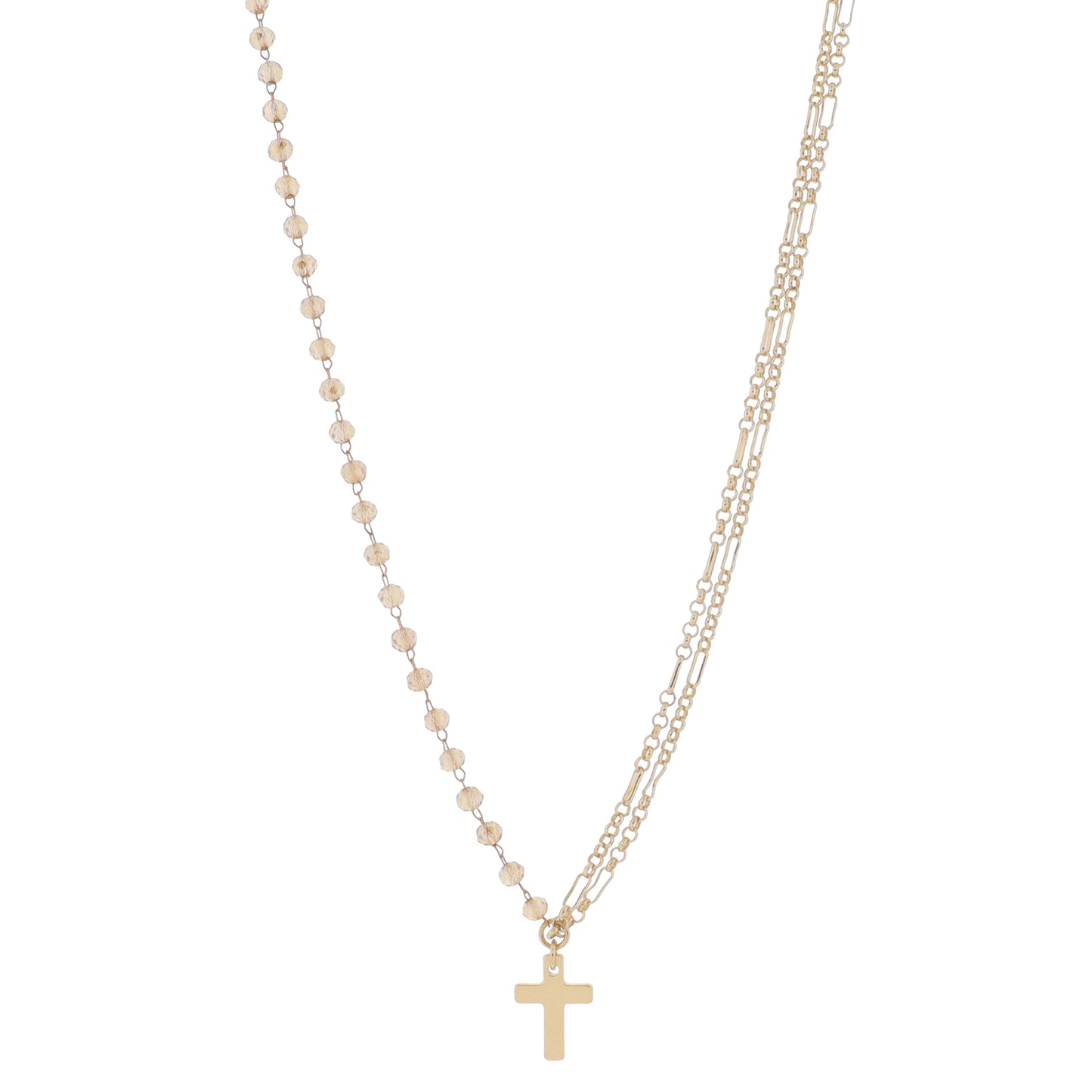 16" Half Double Gold Long & Short Chains, Half Topaz Beaded Link Chain with Cross Necklace, 3" Ext