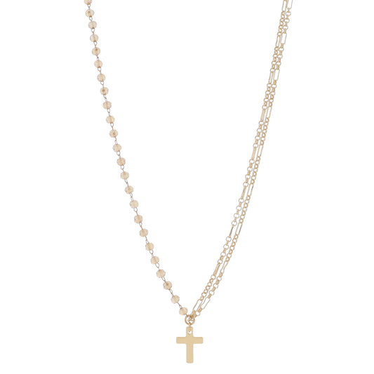 16" Half Double Gold Long & Short Chains, Half Topaz Beaded Link Chain with Cross Necklace, 3" Ext