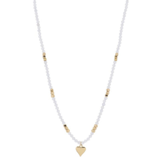 16" Moonstone Mini Faceted Beaded with Gold Bead Accents and Gold Heart Necklace, 3" Ext