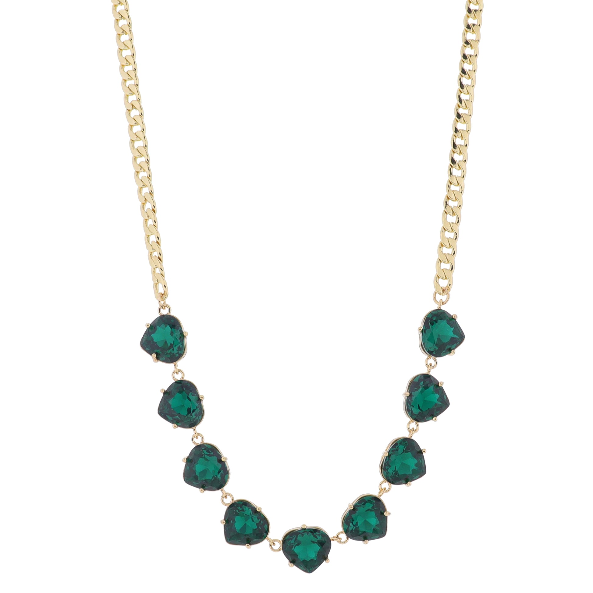 15" Green Crystal Portion on Gold Curb Chain Necklace, 3" Ext
