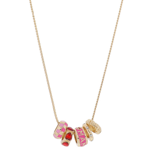 Gold with Pink Checkers, Red Crystal Hearts, Pink "MAMA", Starbursts, Rondel Cluster Necklace