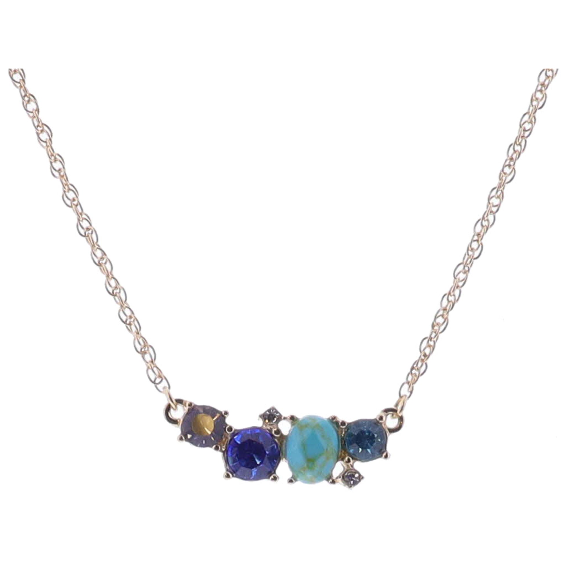 16" Multi Blue Crystals and Turquoise Stone Cluster Necklace, 3" Ext