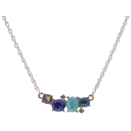 16" Multi Blue Crystals and Turquoise Stone Cluster Necklace, 3" Ext