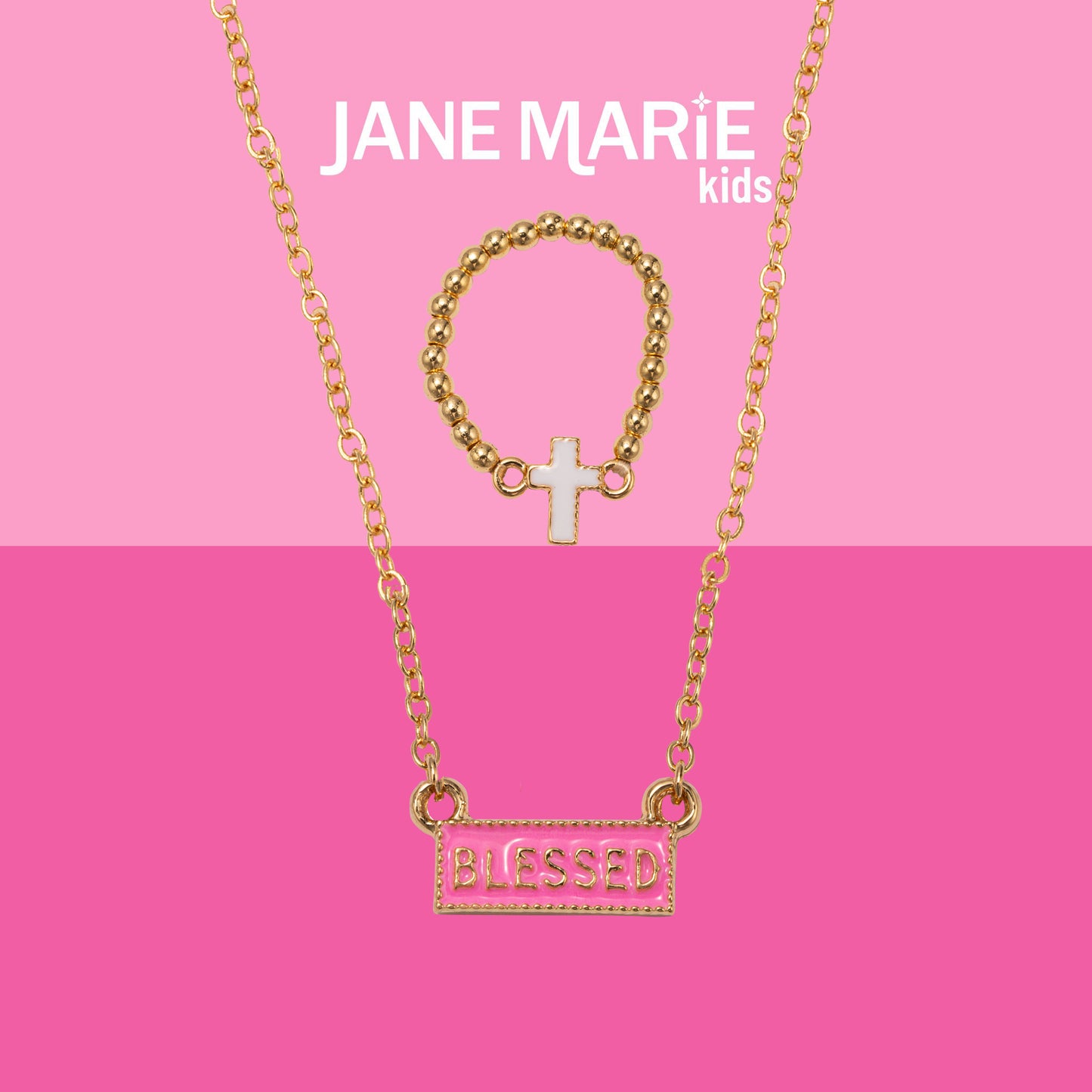 Kids 14" Gold Chain Necklace with Pink Enamel Blessed Pendant & White Enamel Cross Ring