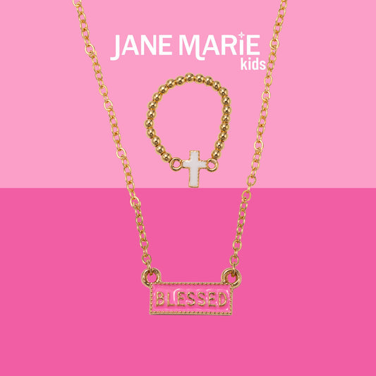 Kids 14" Gold Chain Necklace with Pink Enamel Blessed Pendant & White Enamel Cross Ring