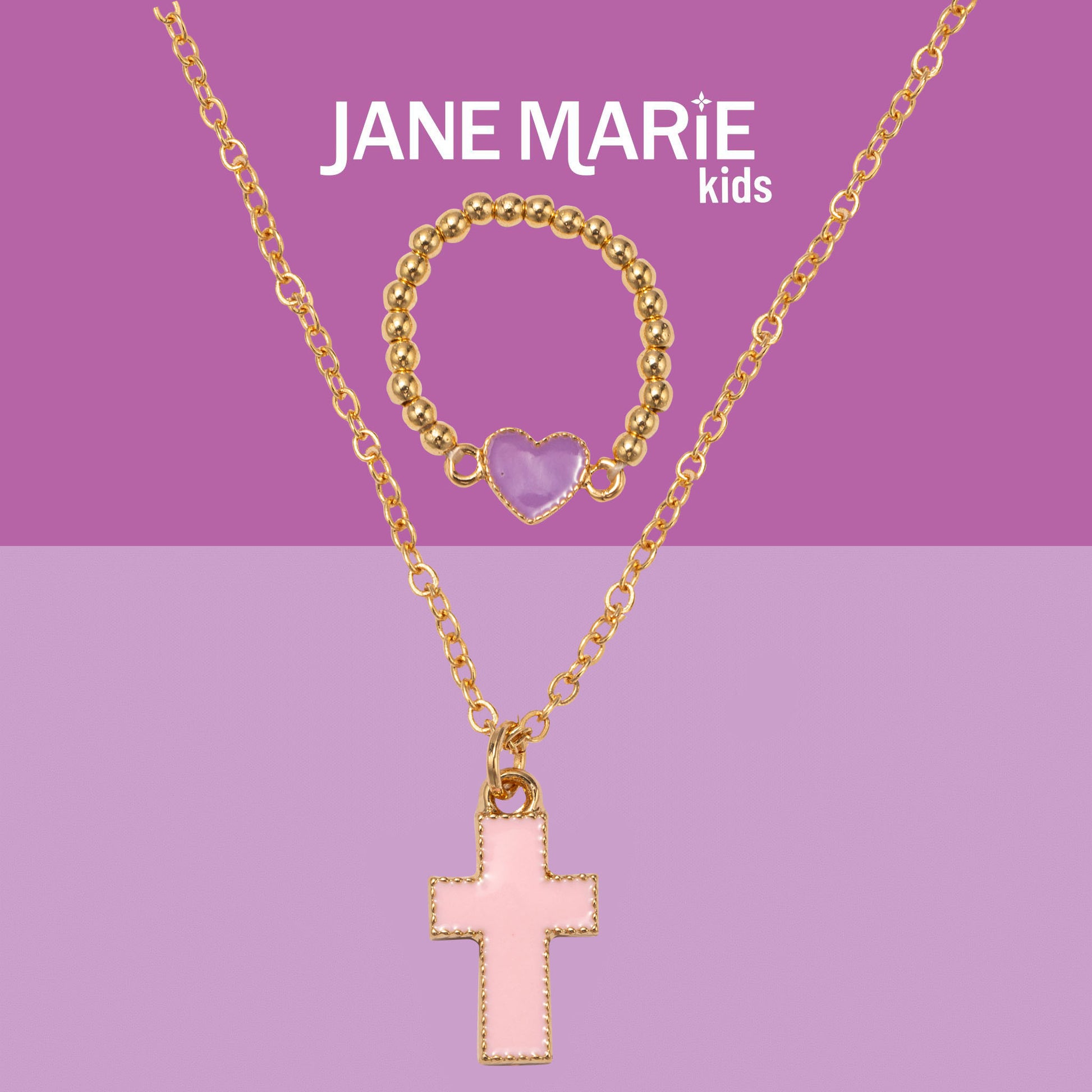 Kids 14" Gold Chain Necklace with Light Pink Enamel Cross Pendant & Purple Enamel Heart Ring