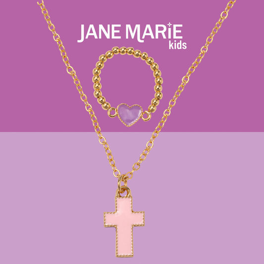 Kids 14" Gold Chain Necklace with Light Pink Enamel Cross Pendant & Purple Enamel Heart Ring