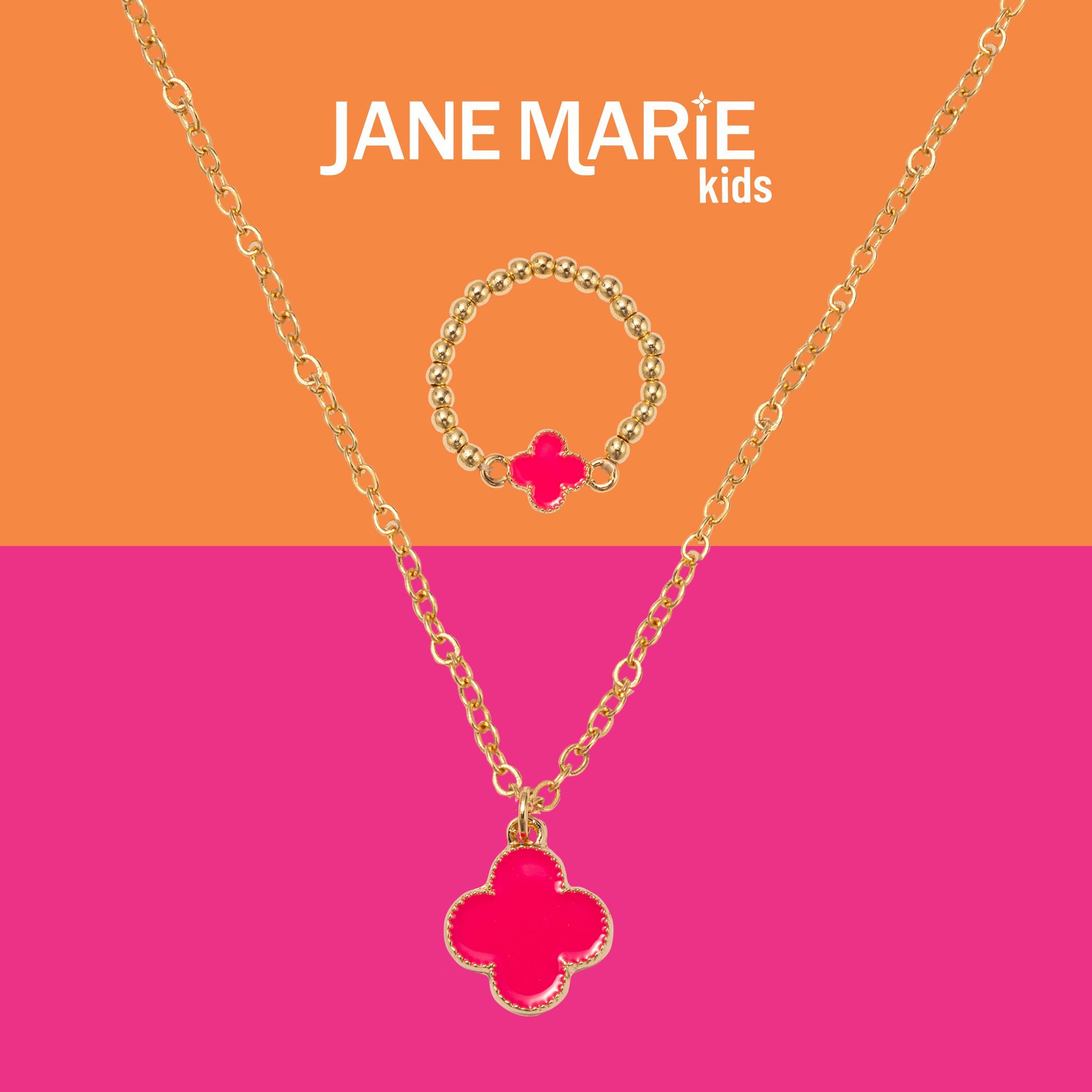 Kids 14" Gold Chain Necklace with Hot Pink Enamel Clover Pendant & Hot Pink Enamel Clover Ring