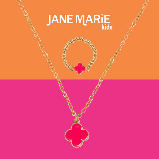 Kids 14" Gold Chain Necklace with Hot Pink Enamel Clover Pendant & Hot Pink Enamel Clover Ring