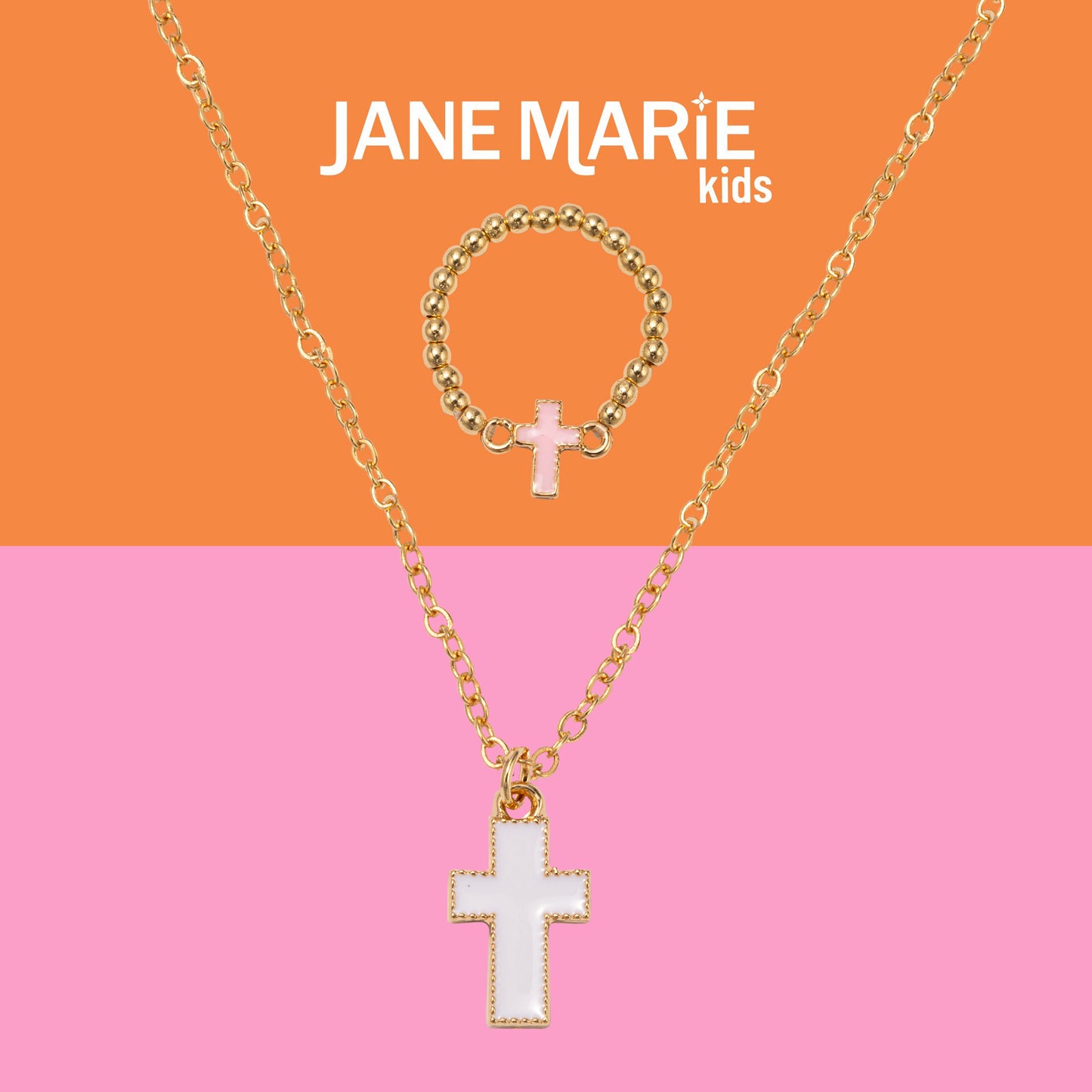 Kids 14" Gold Chain Necklace with White Enamel Cross Pendant & Light Pink Enamel Cross Ring