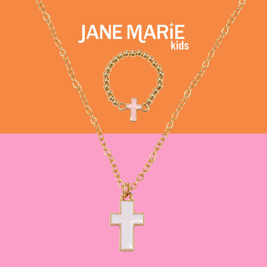 Kids 14" Gold Chain Necklace with White Enamel Cross Pendant & Light Pink Enamel Cross Ring